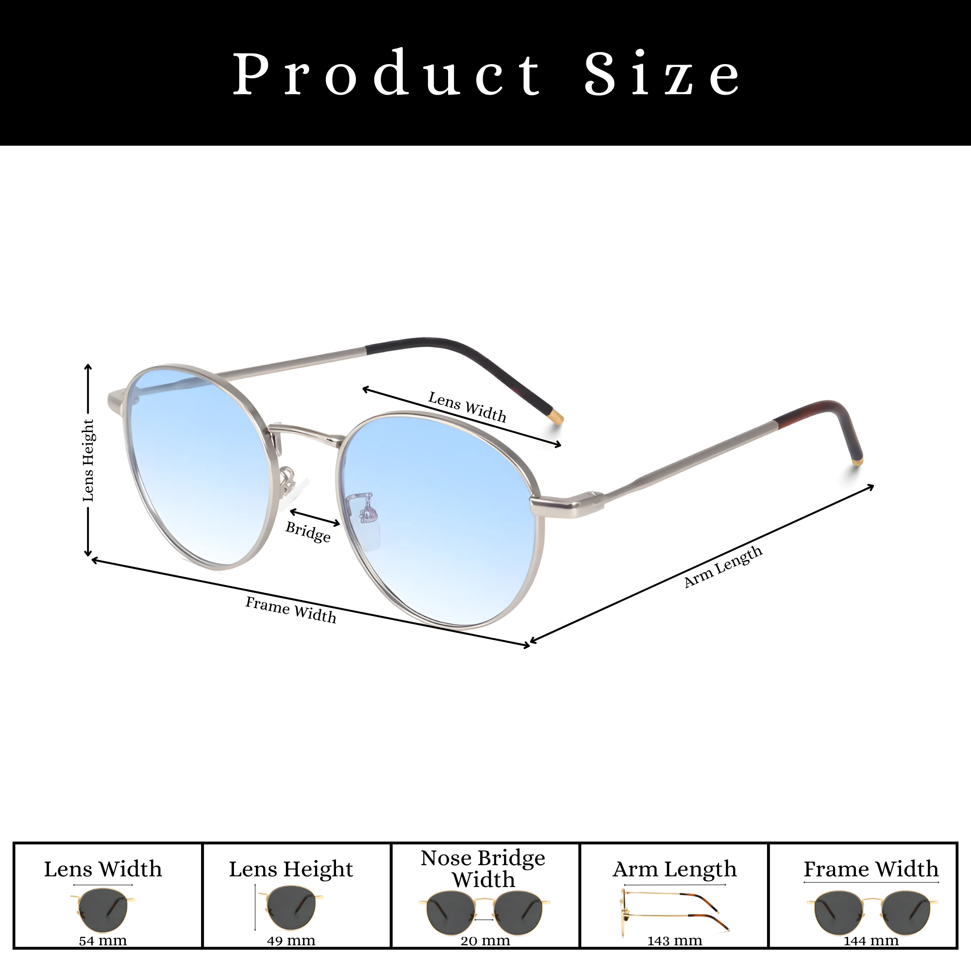 essntl series Vintage Round Sunglasses For Men & Women Silver Frame Gradient Blue Lenses