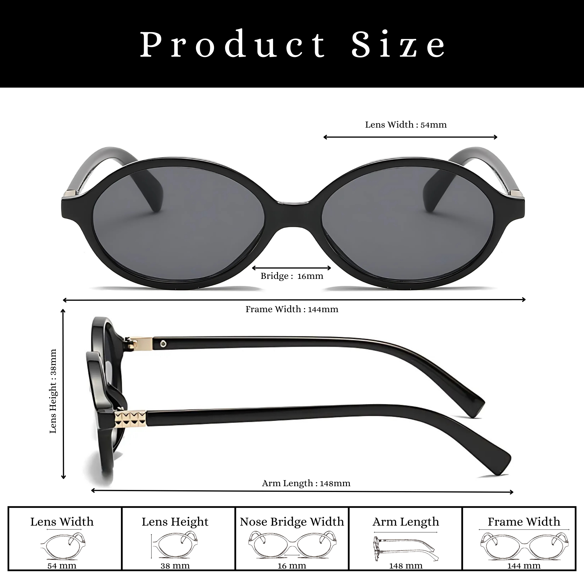 essntl series Retro Vintage 90s Oval Sunglasses For Men & Women - Black