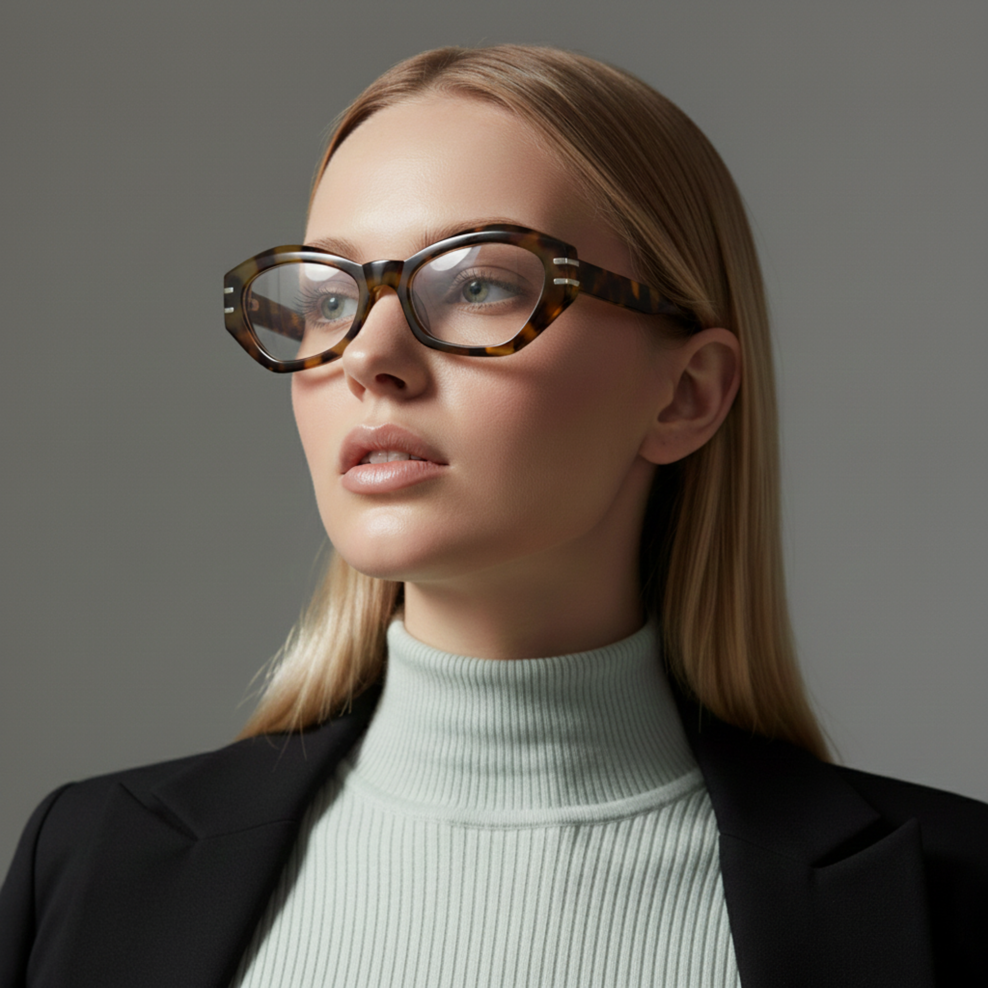 Woman wearing cateye glasses and a black blazer against a gray background
