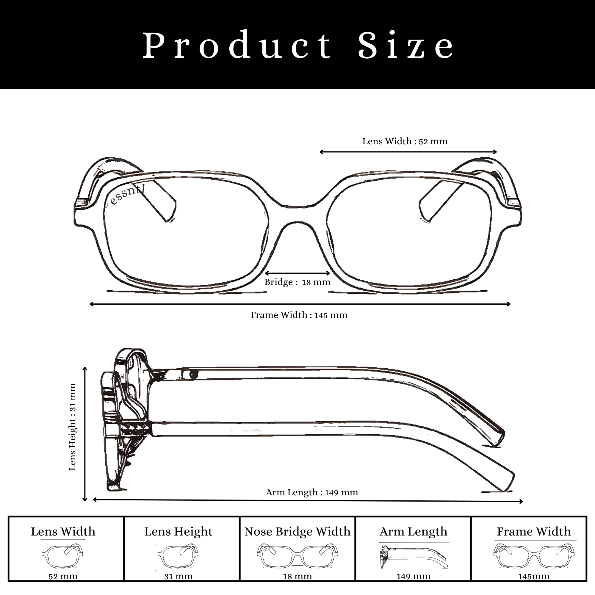 essntl series Retro Vintage Narrow 90s Rectangle Sunglasses For Men & Women - Leopard Grey