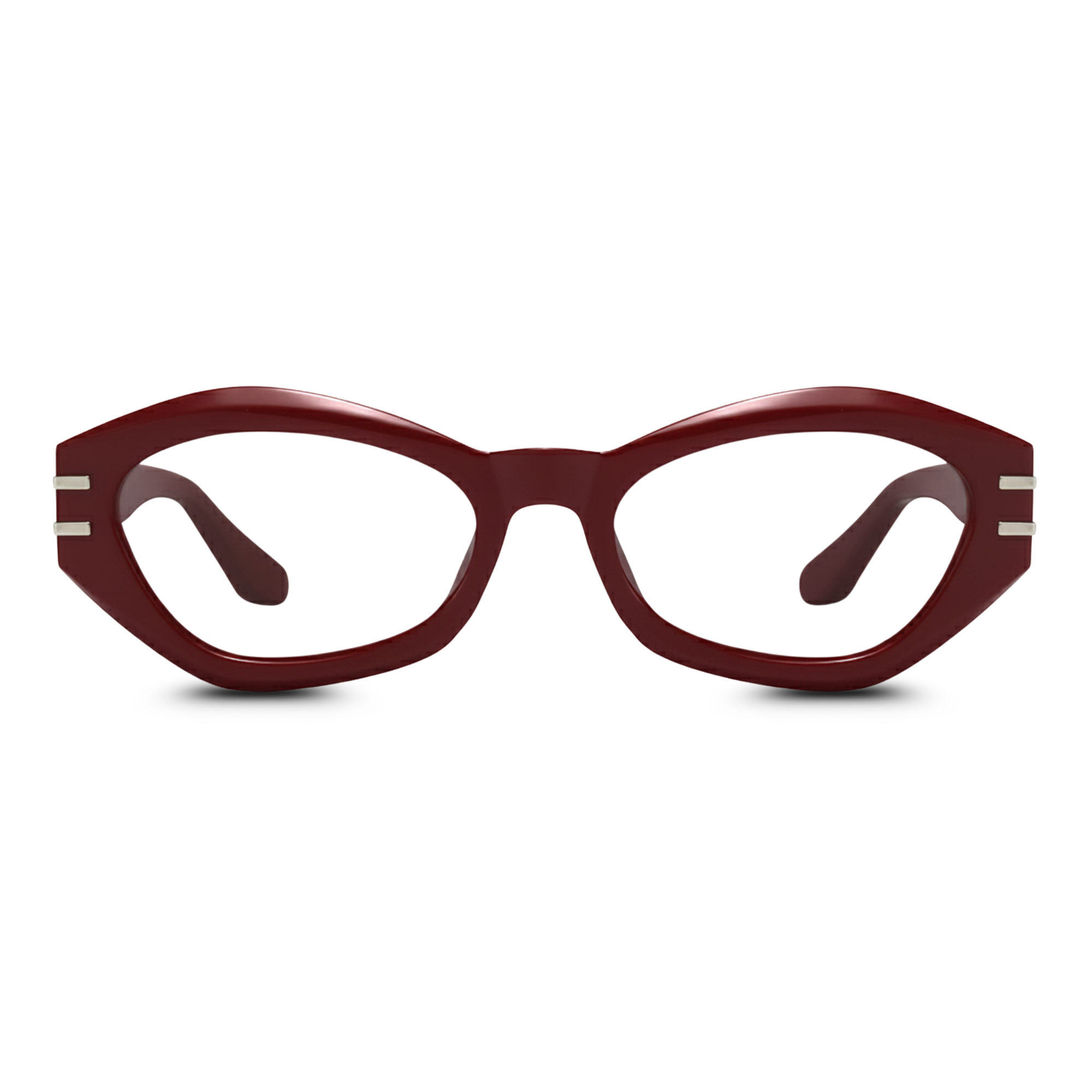 Red eyeglasses with silver stripes on a white background