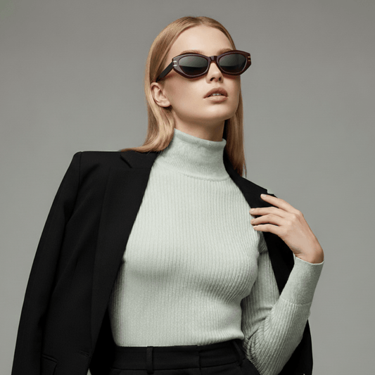 Woman wearing a light grey turtleneck sweater and black blazer with muse Bordeaux sunglasses