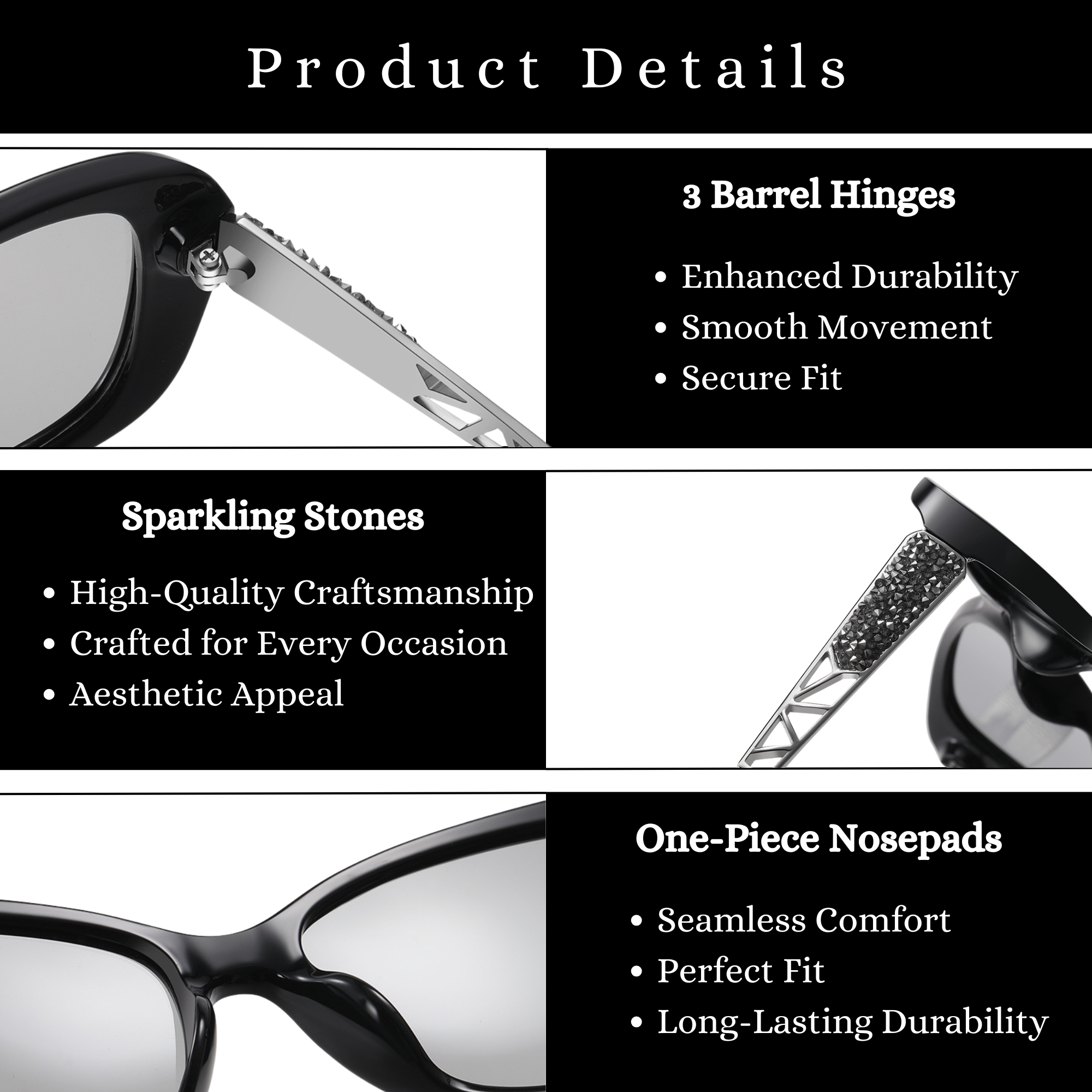 essntl series Butterfly Sparkling Crystal Sunglasses For Women - Ultra Black