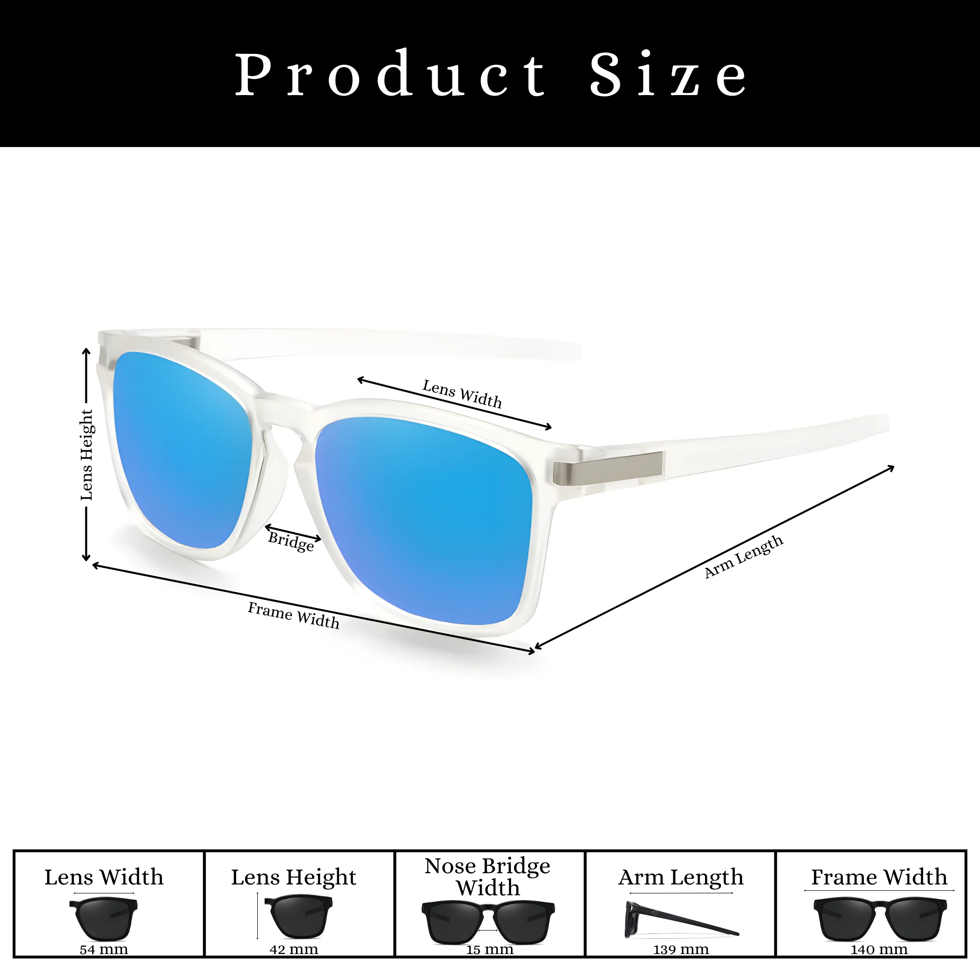 Klassic Series Polarized Sports Rectangular Sunglasses For Men & Women - (Crystal Frame Blue Mirrored Lenses)