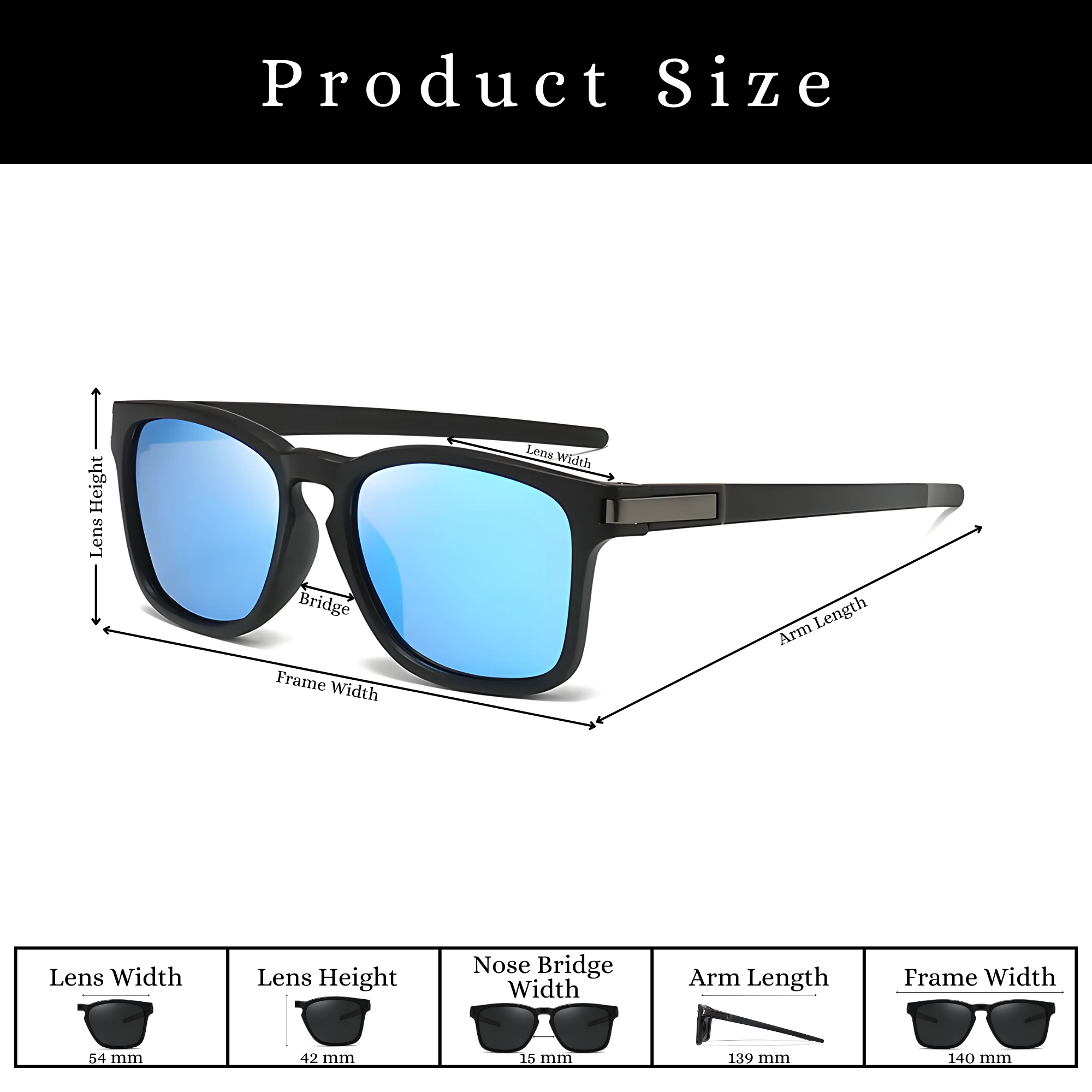 Klassic Series Polarized Sports Rectangular Sunglasses For Men & Women - (Matte Black Frame Blue Mirrored Lenses)