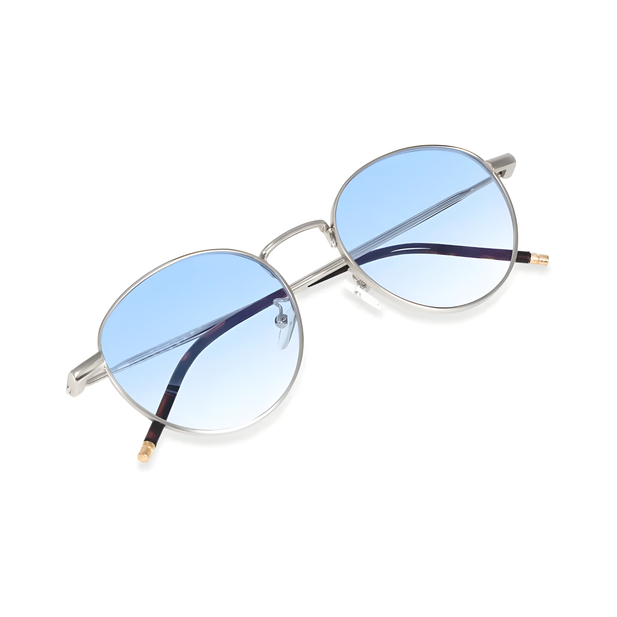 essntl series Vintage Round Sunglasses For Men & Women Silver Frame Gradient Blue Lenses