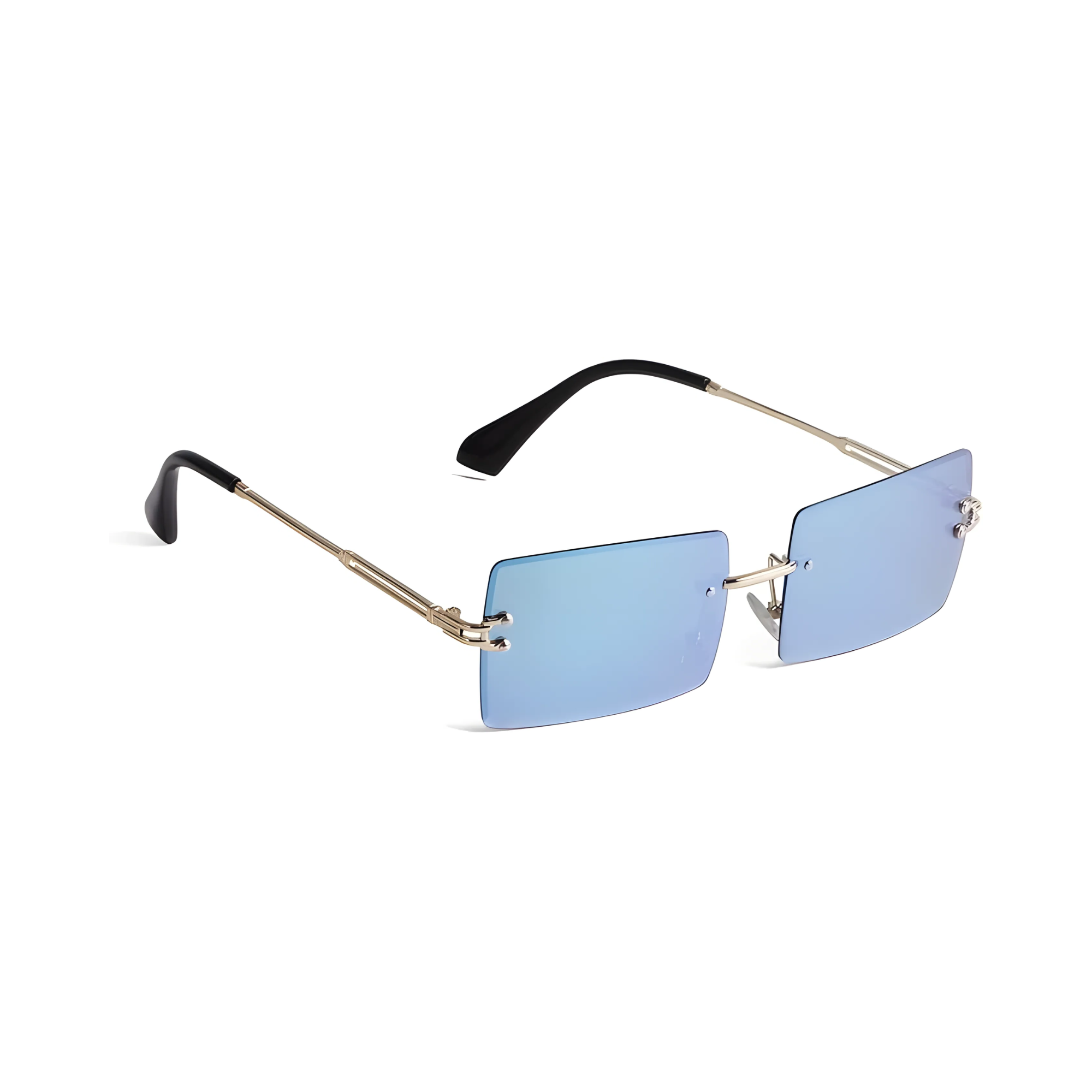 HautRim Series Rimless Rectangle Y2K Sunglasses For Men & Women Gold Blue Mirrored