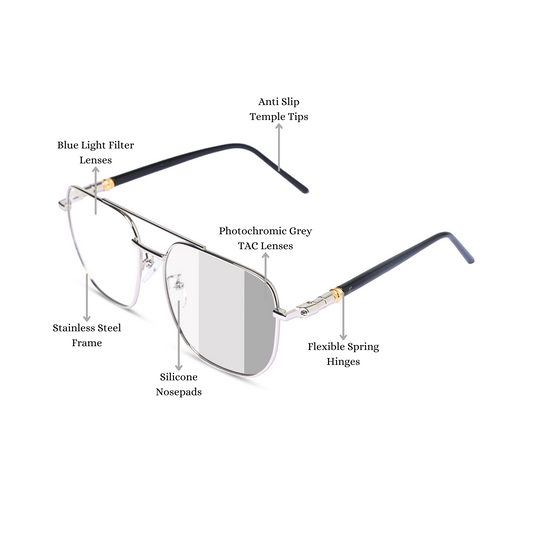 essntl Series Zero Power Blue Light Filter Lenses, Anti Glare Computer Glasses | Photochromic Lenses & 100% UV400 Protected (Silver)