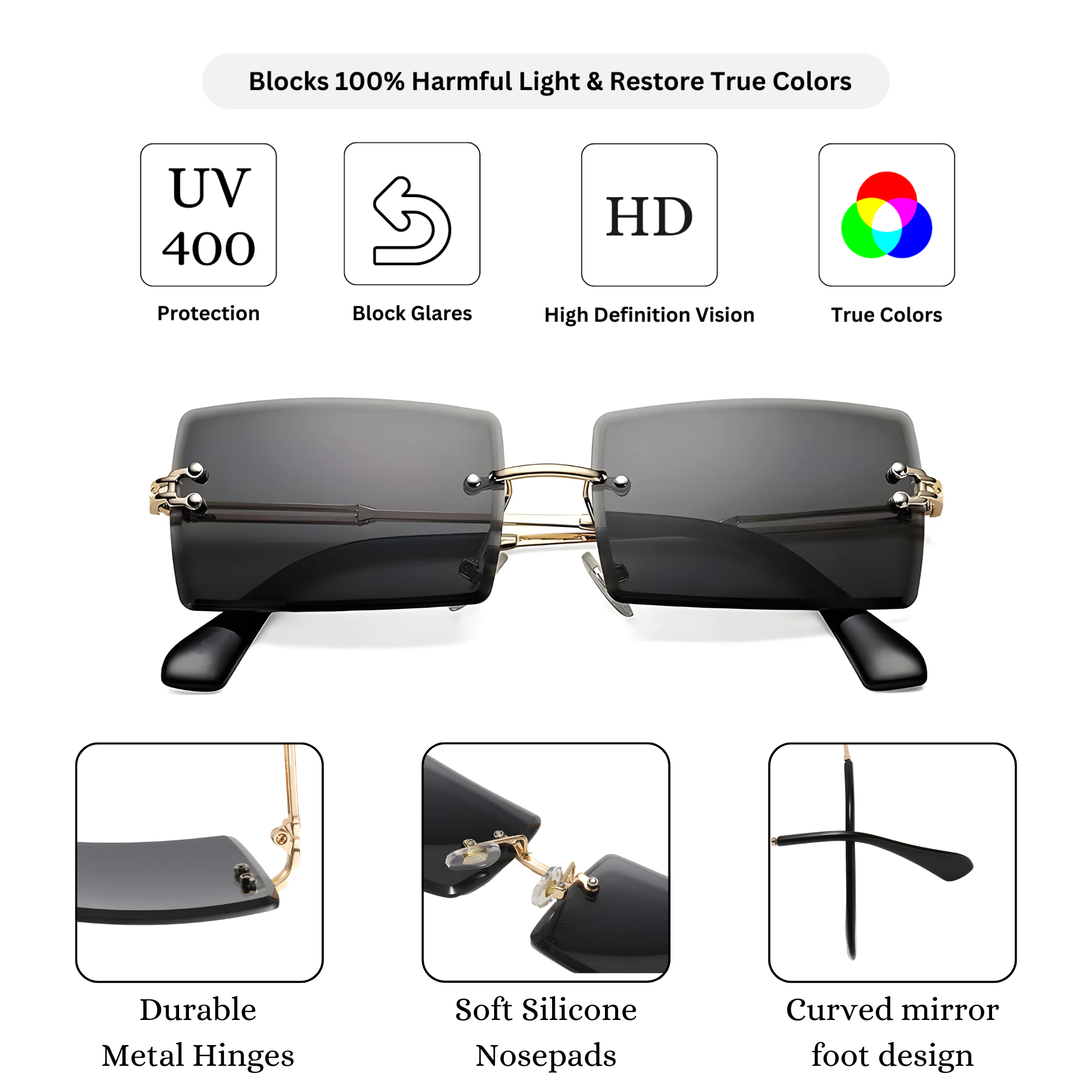 HautRim Series Rimless Rectangle Y2K Sunglasses For Men & Women Gold Black