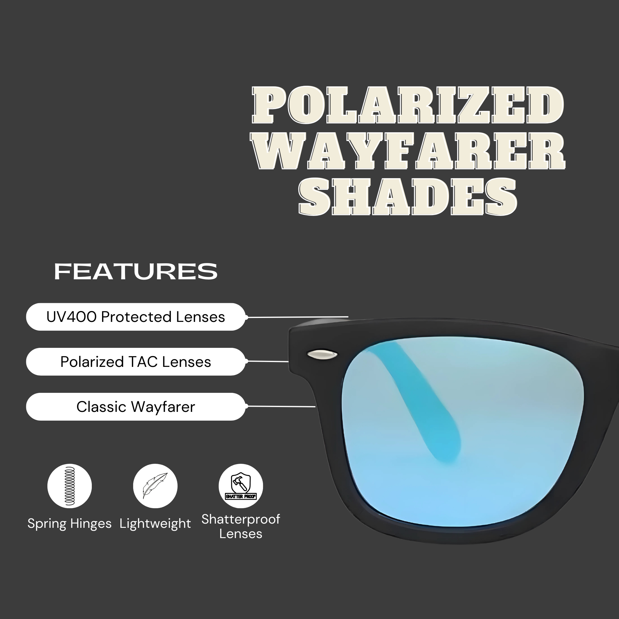 Klassic Series Polarized Wayfarer Sunglasses For Men & Women - (Matte Black Frame Blue Mirrored Lenses)