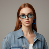 essntl series Retro Vintage 90s Oval Sunglasses For Men & Women - Leopard Blue