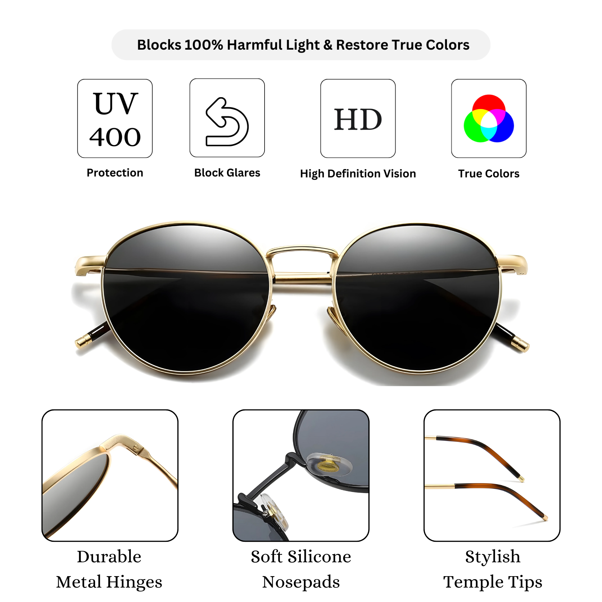 essntl series Vintage Round Sunglasses For Men & Women Gold Black