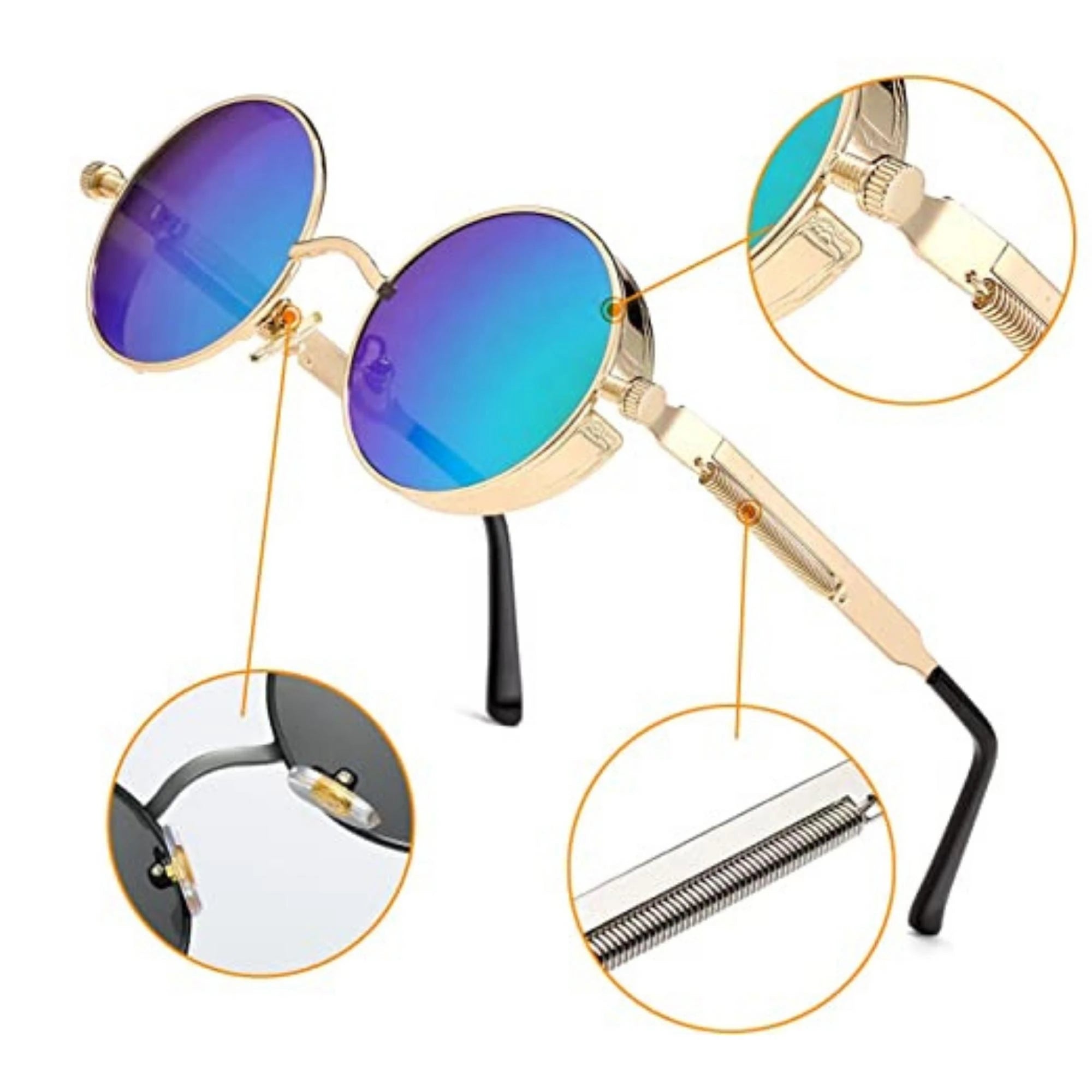 DISC Series Round Steampunk Sunglasses - Gold Frame Blue Mirrored Lens