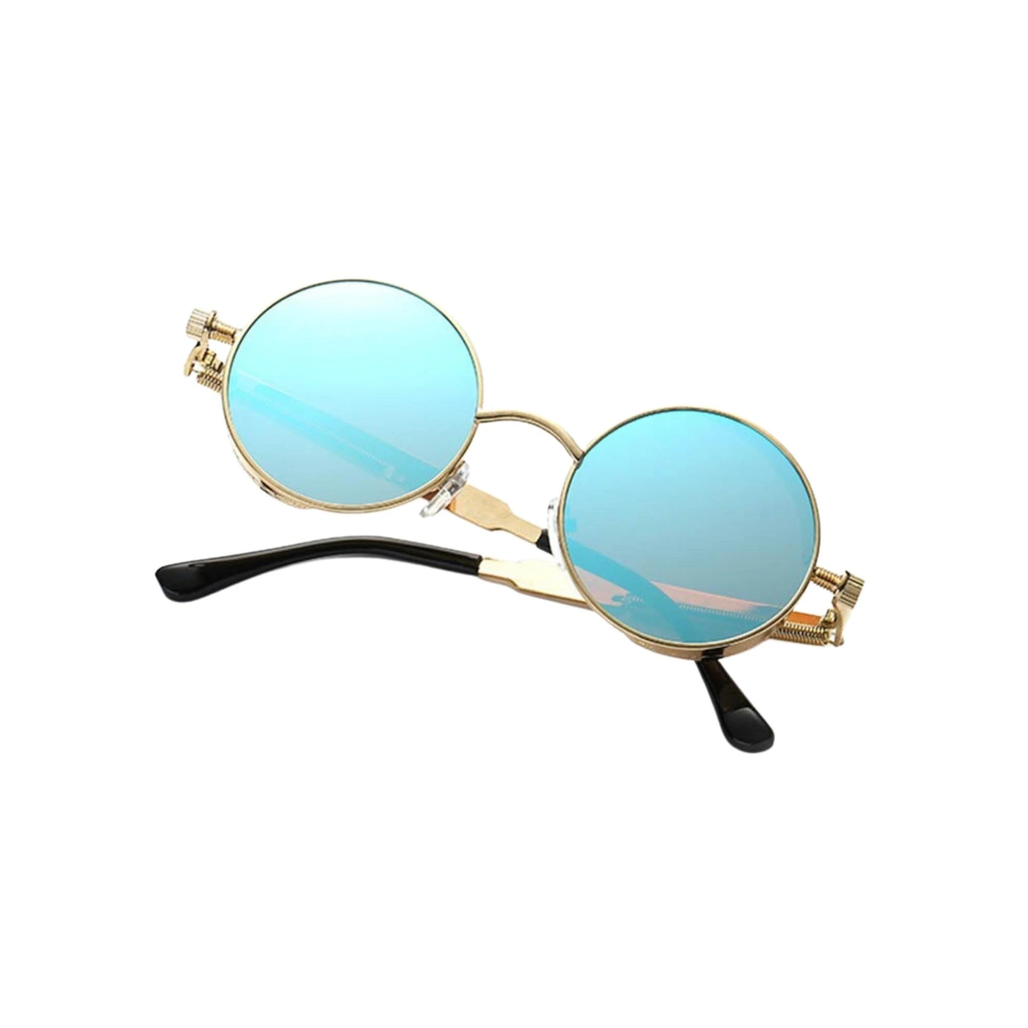 DISC Series Round Steampunk Sunglasses - Gold Frame Blue Mirrored Lens